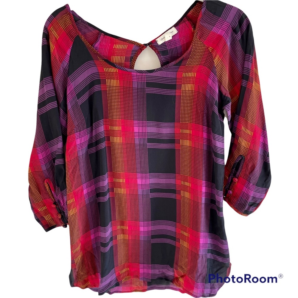 Urban Outfitters Silence + Noise Blue Purple Red Plaid Silk Tunic Blouse XS‎
